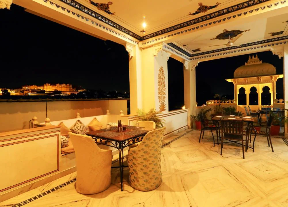 Hotel Boheda Palace rooftop terrace at dusk